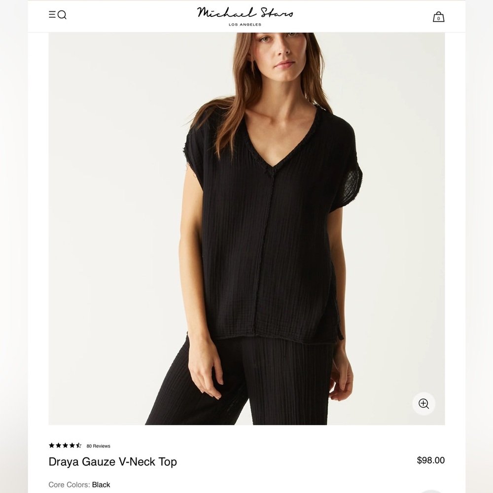 NWOT Michael Stars Draya V-Neck Frayed Edge Gauze Top Short Sleeve Black XS